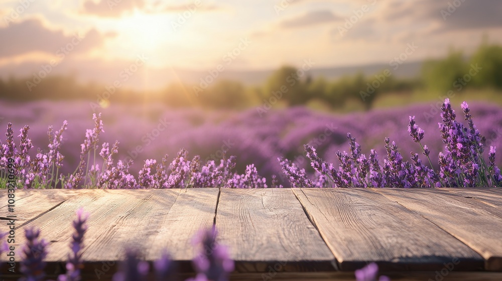 Poster serene lavender fields in the background of an empty wooden table nature scene soft focus view