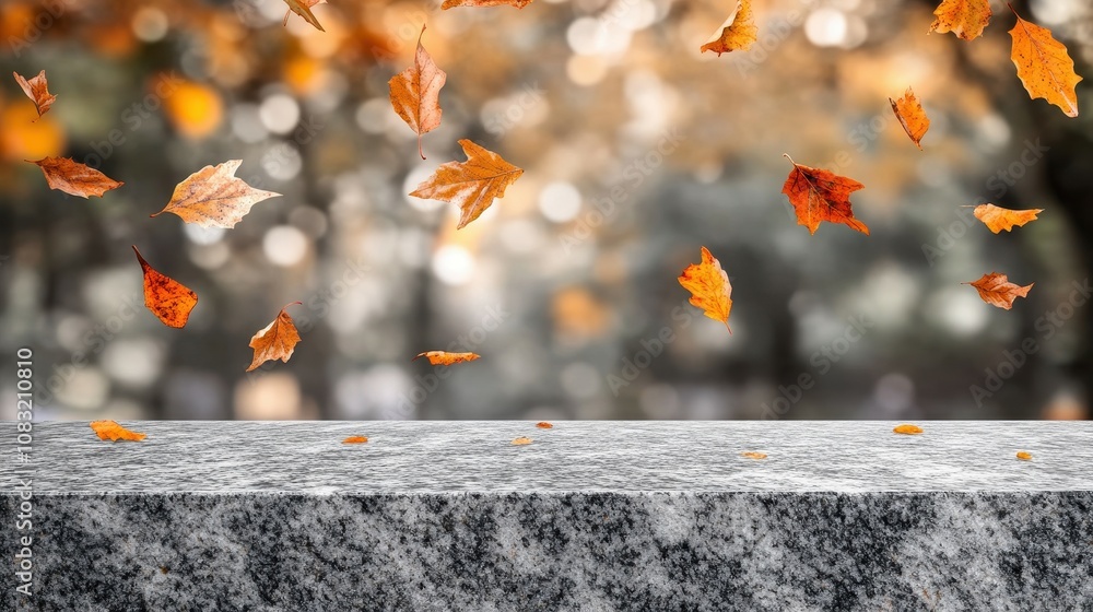 Aufkleber falling leaves create autumn ambiance on empty granite table in forest bokeh