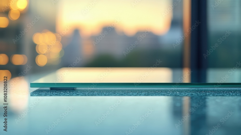 Poster captivating reflection of an empty glass table in a modern office with bokeh background