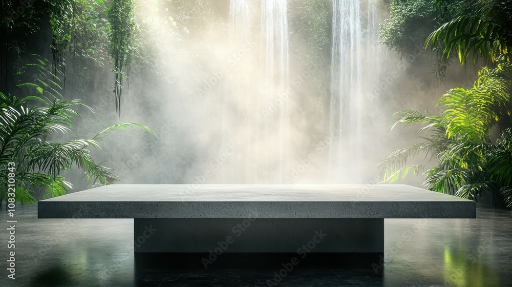 Aufkleber showcasing an empty concrete table amidst waterfall bokeh in a lush jungle setting