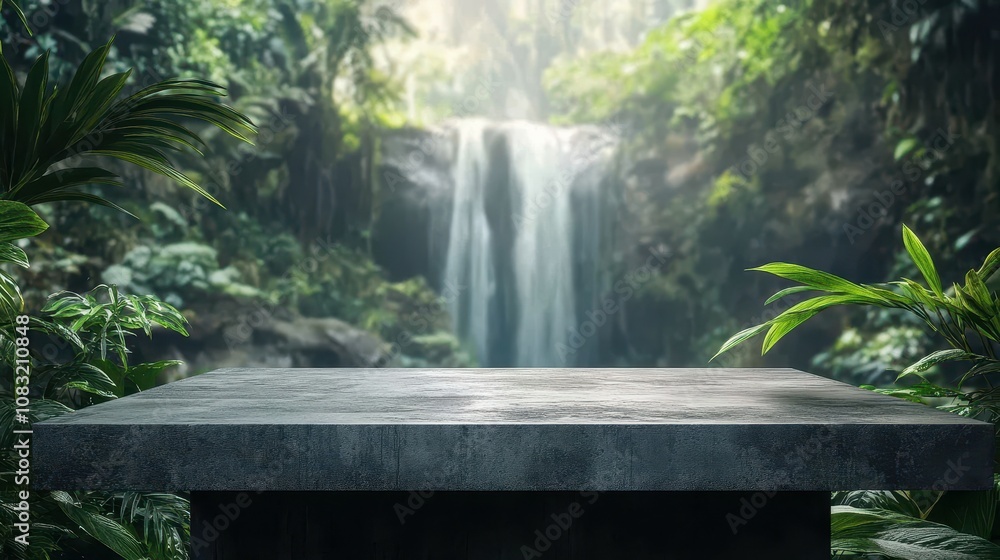 Aufkleber serene empty concrete table tranquil nature setting waterfall bokeh background peaceful environment 