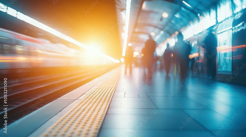 Poster dynamic movement of commuters at a busy railway station platform during sunset