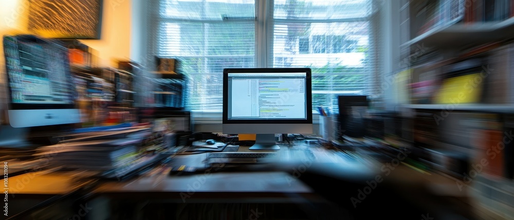 Poster dynamic work environment with blurred screens and phones office setup digital workflow
