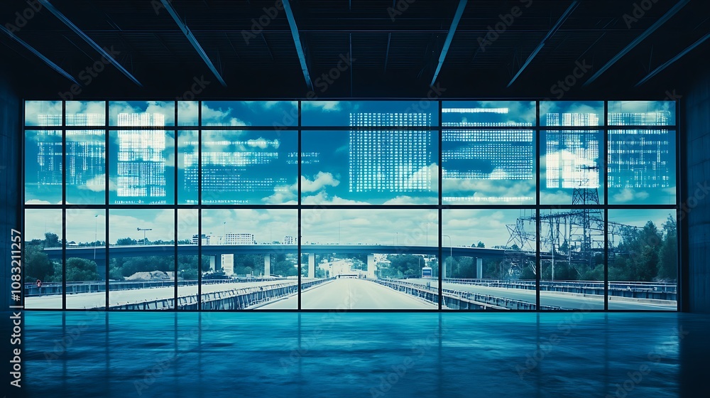Poster a panoramic view through large windows showcasing a road and sky, emphasizing openness and perspecti