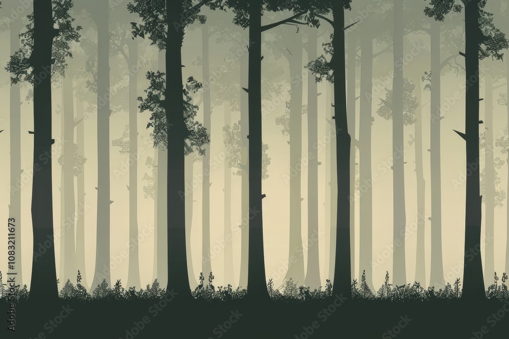 Poster a serene forest scene showcasing tall, slender trees emerging from a misty background, creating a tr