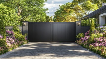 an elegant dark gray aluminum gate with a textured finish, providing a stylish entrance to a cozy suburban home. The driveway features interlocking pavers, surrounded by blooming flower beds.
