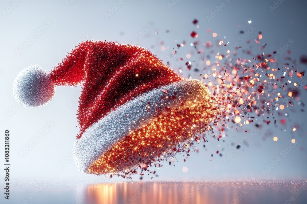Poster festive santa hat dissolving into dynamic glittering particles representing the vibrancy and joy of 