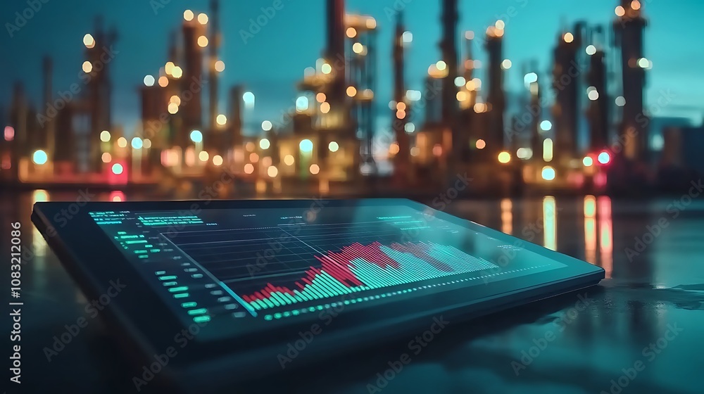 Poster a tablet displaying financial data in front of an industrial backdrop at dusk.