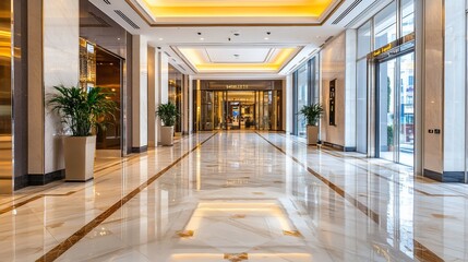Obraz premium A long, bright hallway with marble floors and plants in pots. The hallway is illuminated by overhead lights.