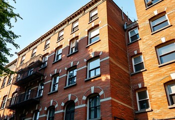 Fototapeta premium A vintage apartment building stands majestically, its weathered brick facade bathed in warm sunlight, with intricate mortar lines and classic archways on full display. 