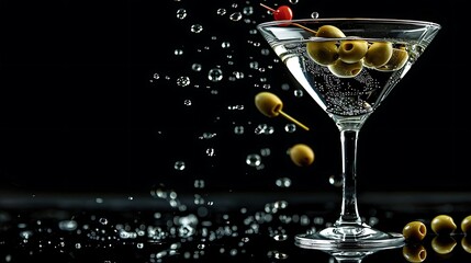 A martini glass filled with a cocktail, garnished with olives and a cherry, surrounded by splashing water.