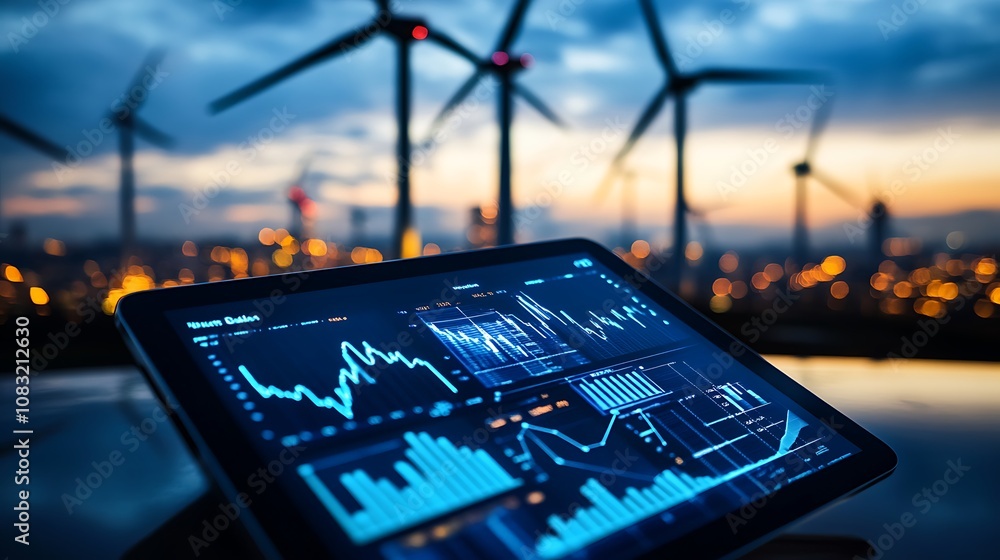 Aufkleber a tablet displaying data analytics in front of wind turbines at sunset.