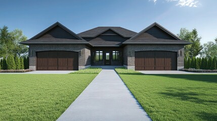 Obraz premium Beautiful suburban house with two garage doors, a wide path leading to the entrance, and a mowed green lawn.