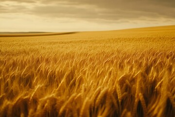 Obraz premium A golden wheat field sways gently under a cloudy sky, capturing the essence of agriculture.