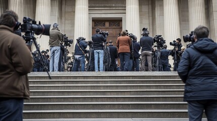 A large group of journalists with cameras and microphones stand on the steps of a building, waiting for a press conference.