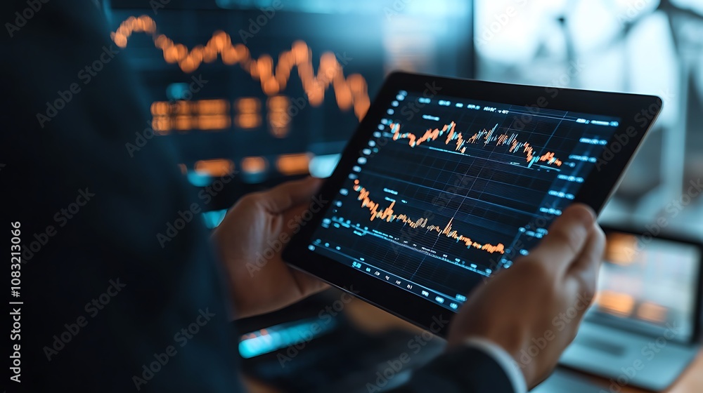 Aufkleber a person analyzing financial data on a tablet, with graphs displayed on multiple screens.