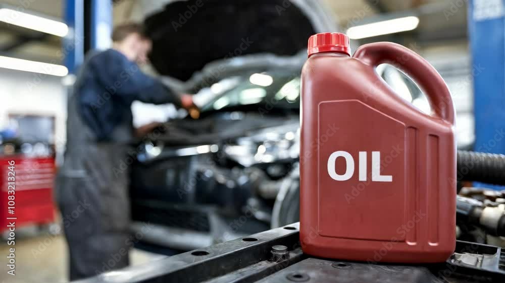 Poster a container of oil is placed in front of a mechanic working on a car in a garage.
