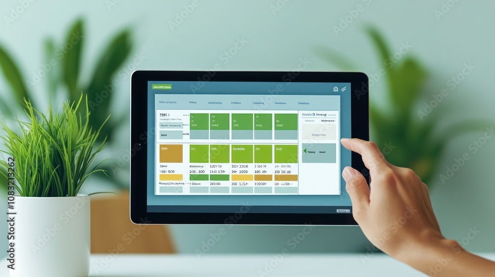 Poster A hand interacts with a tablet displaying a data dashboard in a bright indoor setting.