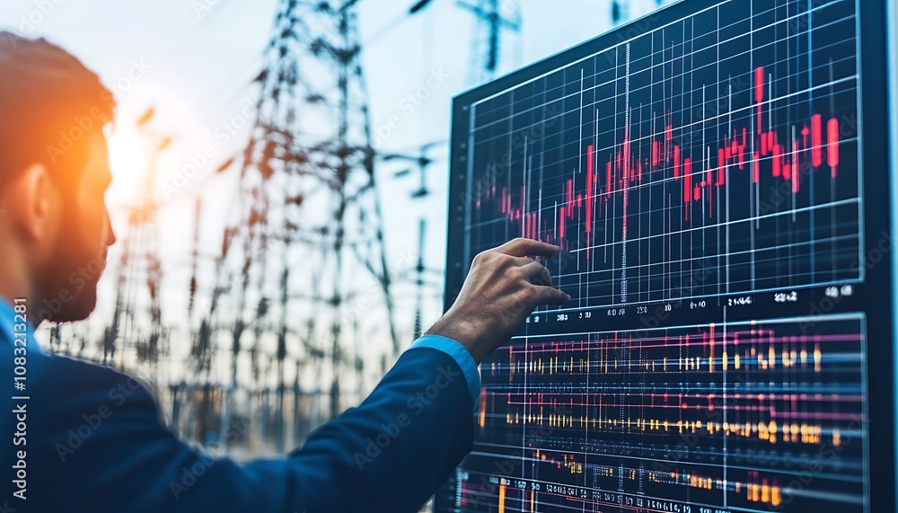 Poster a professional analyzing data on a screen, with power lines in the background at sunset.