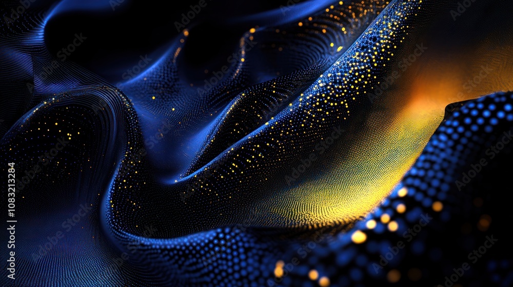 Poster Abstract digital waves with glowing particles in a dark, textured environment.
