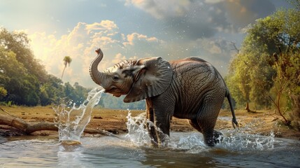 Fototapeta premium Playful Elephant Splashing in Water