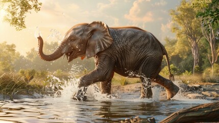 Obraz premium Playful Elephant Splashing in Water at Sunset