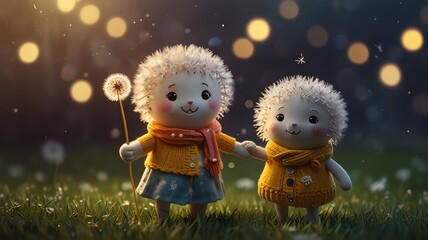 Obraz premium two cute little cats holding hands and a dandelion in the grass.