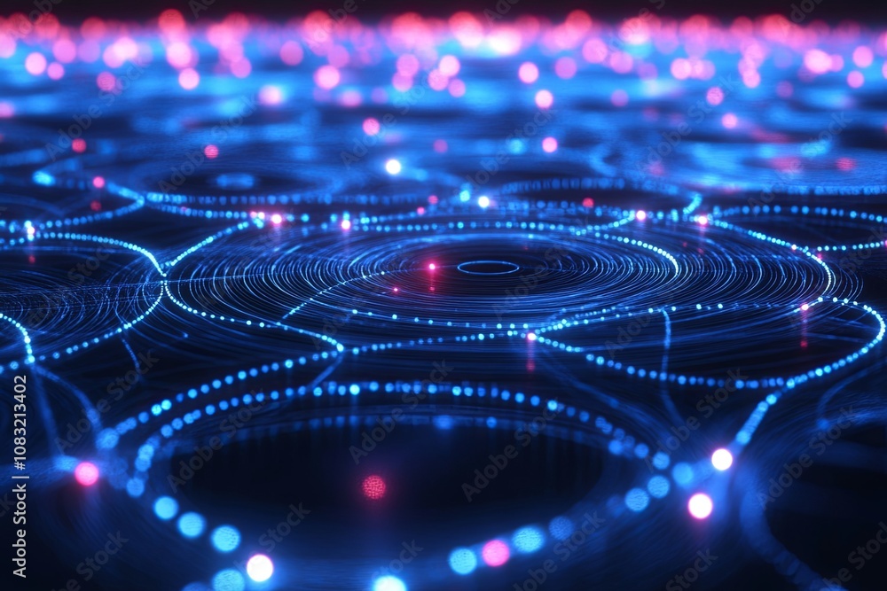 Poster A vibrant display of interconnected blue and red dots creating a captivating abstract pattern on a dark surface. Generative AI