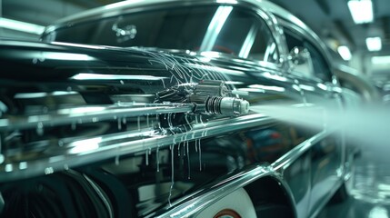 Fototapeta premium Close-up of a classic car being washed with a high-pressure water sprayer, creating a foamy stream and leaving a slick, wet surface.