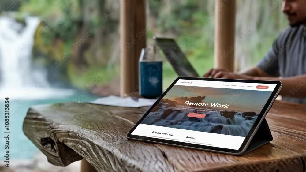 Poster a tablet displaying a remote work website beside a serene waterfall setting.