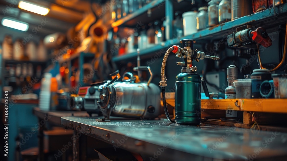 Poster a close-up shot of tools and equipment on a workbench in a workshop, with a focus on a green air com