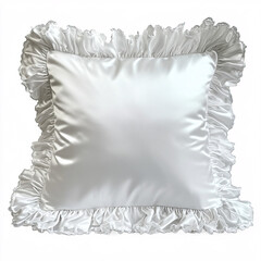 A luxurious white satin pillow with a ruffled edge, perfect for adding elegance to any decor or bedroom setting.