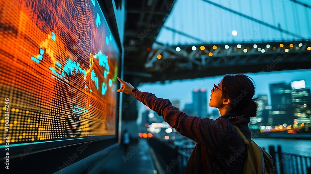 Poster a person interacts with a digital display showcasing data in an urban setting.