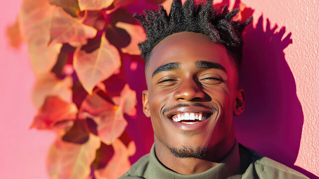 Joyful 19 years old African man smiling against vibrant pink wall with autumn leaves, sunny day