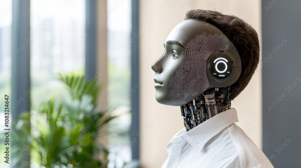 Poster futuristic robot with sleek design and advanced technology stands in modern office environment, show