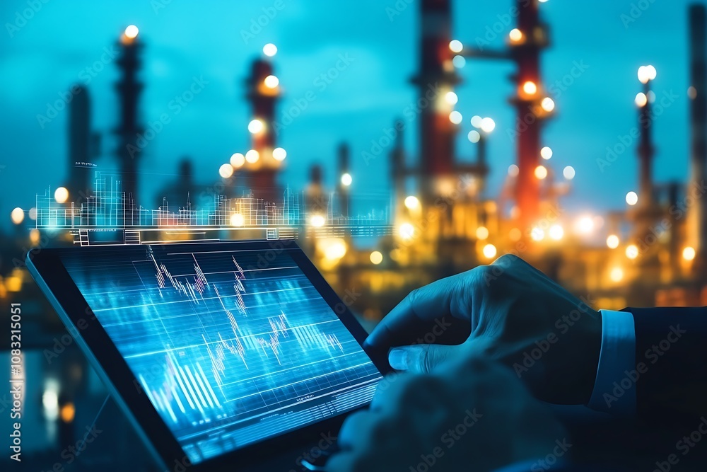 Poster a hand using a tablet to analyze data with an industrial backdrop at dusk.