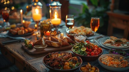 Fototapeta premium A table is set for a festive dinner with candles, food and drinks.