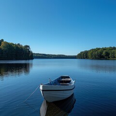 Obraz premium A small white boat sits alone on a calm lake with a blue sky and green trees in the background.