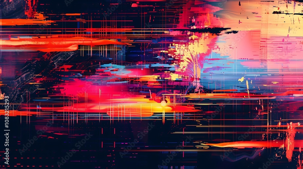 Poster abstract glitch art with vibrant colors and dynamic lines.