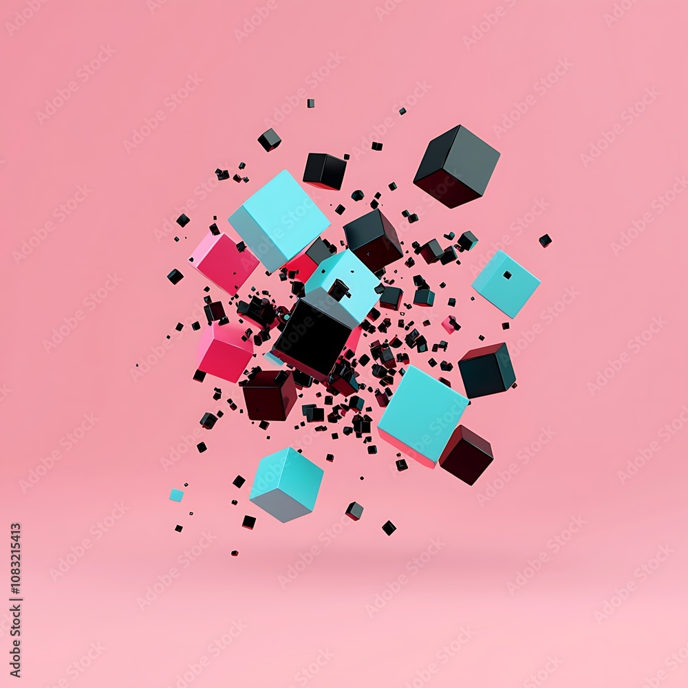 Poster colorful cubes exploding on pink background