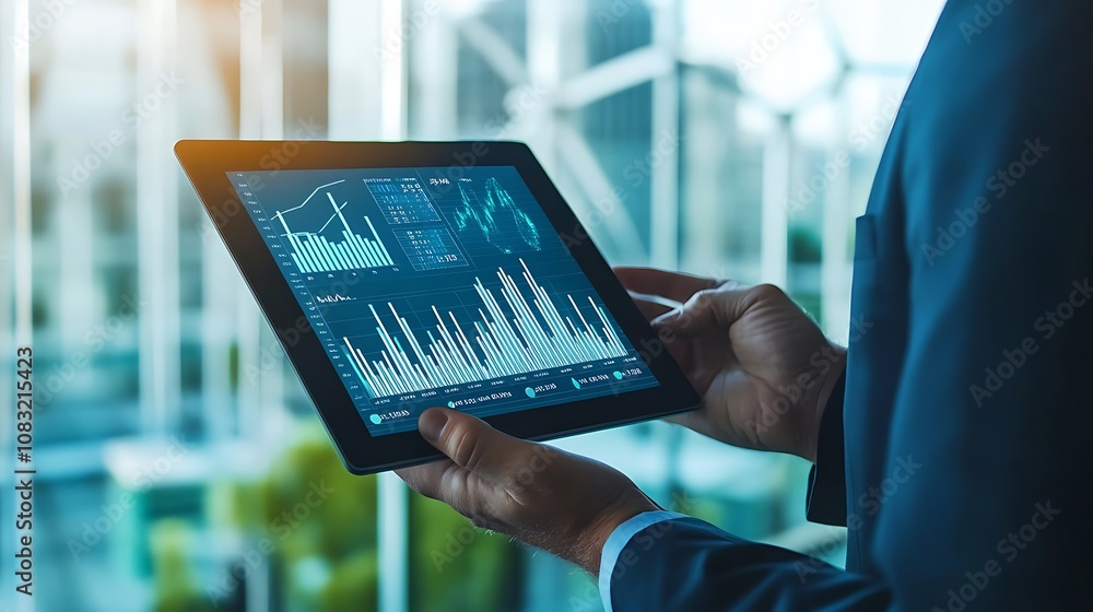 Poster a professional analyzing data on a tablet in a modern office setting.