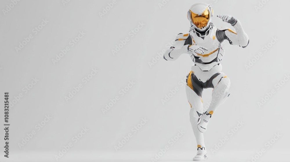 Fototapete a futuristic humanoid robot in a dynamic running pose, showcasing advanced design and technology.