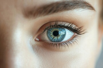 Obraz premium Close-up of a pair of expressive human eyes, perfectly symmetrical, with intricate detail in the irises, surrounded by soft skin and eyelashes, and blank space for commercial text about vision care