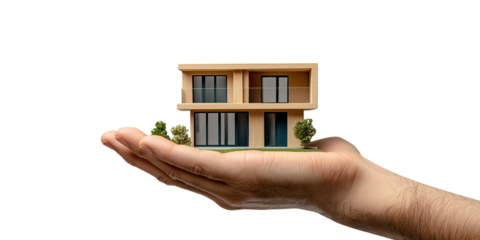 model of a house on his palms hand concept of mortgage lending real estate insurance construction design