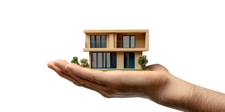 model of a house on his palms hand concept of mortgage lending real estate insurance construction design