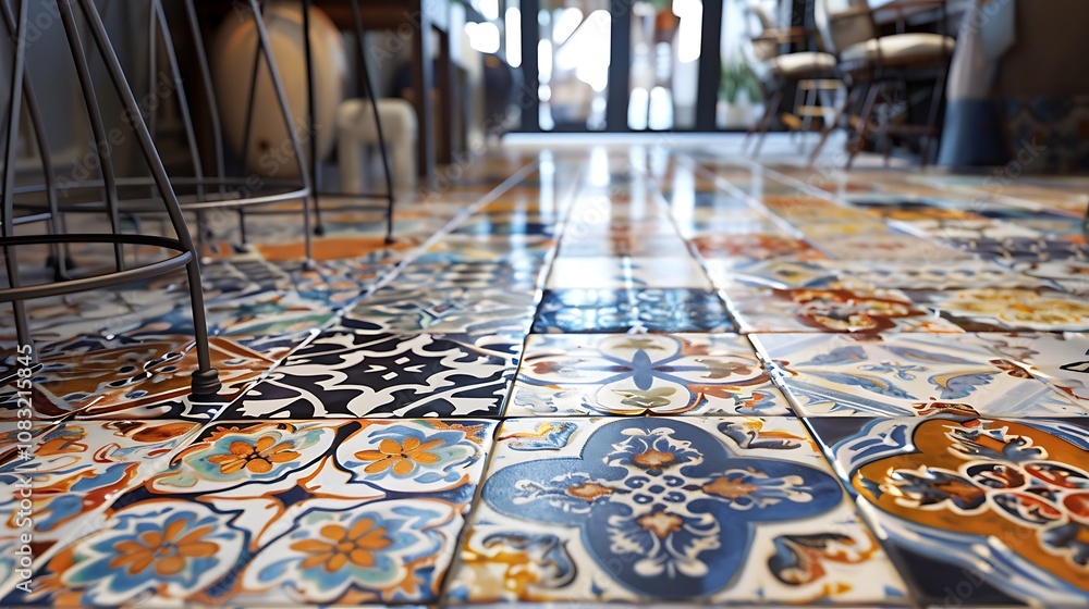 Poster colorful tiled floor in a cafe or restaurant. the tiles are arranged in a pattern and feature a vari
