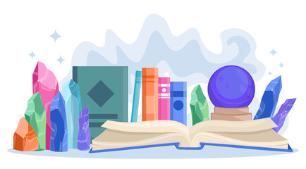 Fototapeta premium Magic books with crystals. Spelling books with crystal ball. Imagination and fantasy. Sorcery and witchcraft, fairy tale. Symbol of Halloween. Flat vector illustration