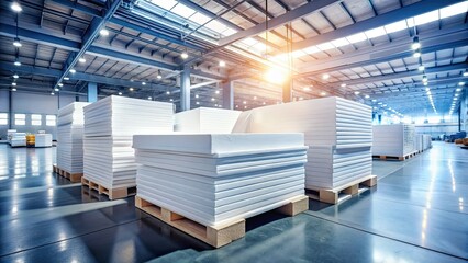 Obraz premium Tilt-Shift Photography of Stack of White Foam Sheets in Factory Warehouse - Industrial Storage and Manufacturing, Clean Materials, Modern Workspace, Textured Surfaces, Efficient Production Environment