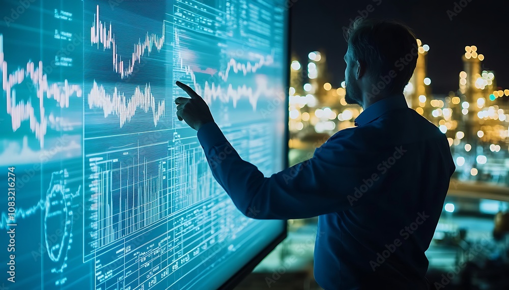 Aufkleber a person analyzing data on a large screen in an industrial setting at night.