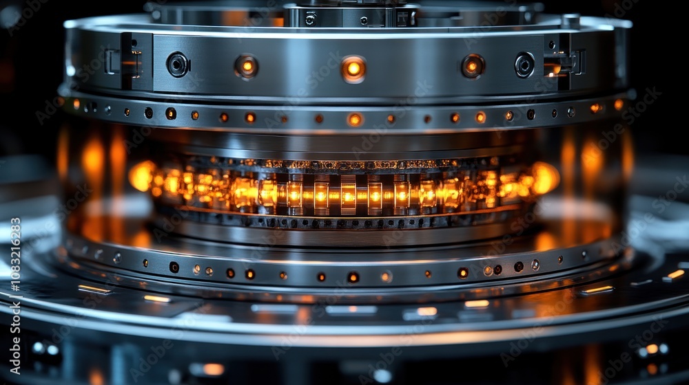 Poster close-up of a futuristic mechanical device with glowing elements.